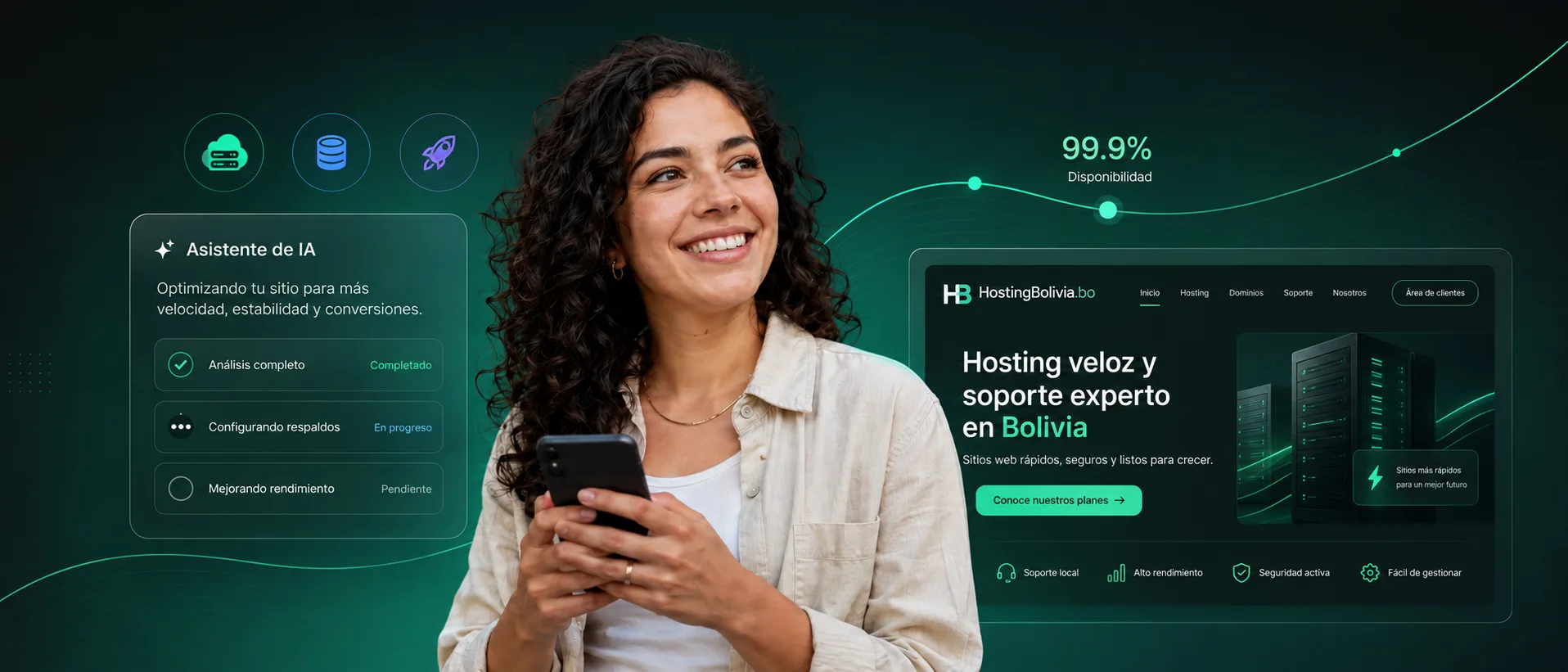 Emprendedora boliviana con su sitio web en HostingBolivia.bo: hosting veloz con 99.9% de disponibilidad y soporte experto en Bolivia